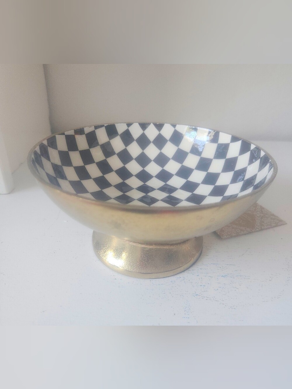 Gold Metal Pedestal Bowl with Black and White Checkered Interior 8 X 4